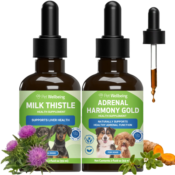 Adrenal Harmony Gold & Organic Milk Thistle for Dogs - Cortisol Balance & Liver Support Bundle